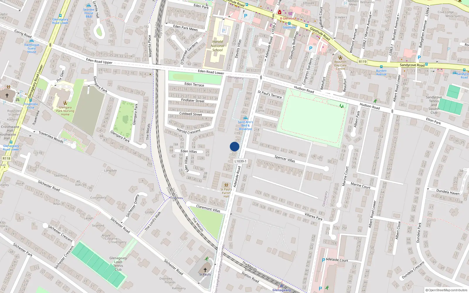 Overhead map showing the location of 75 Adelaide Road, Dublin