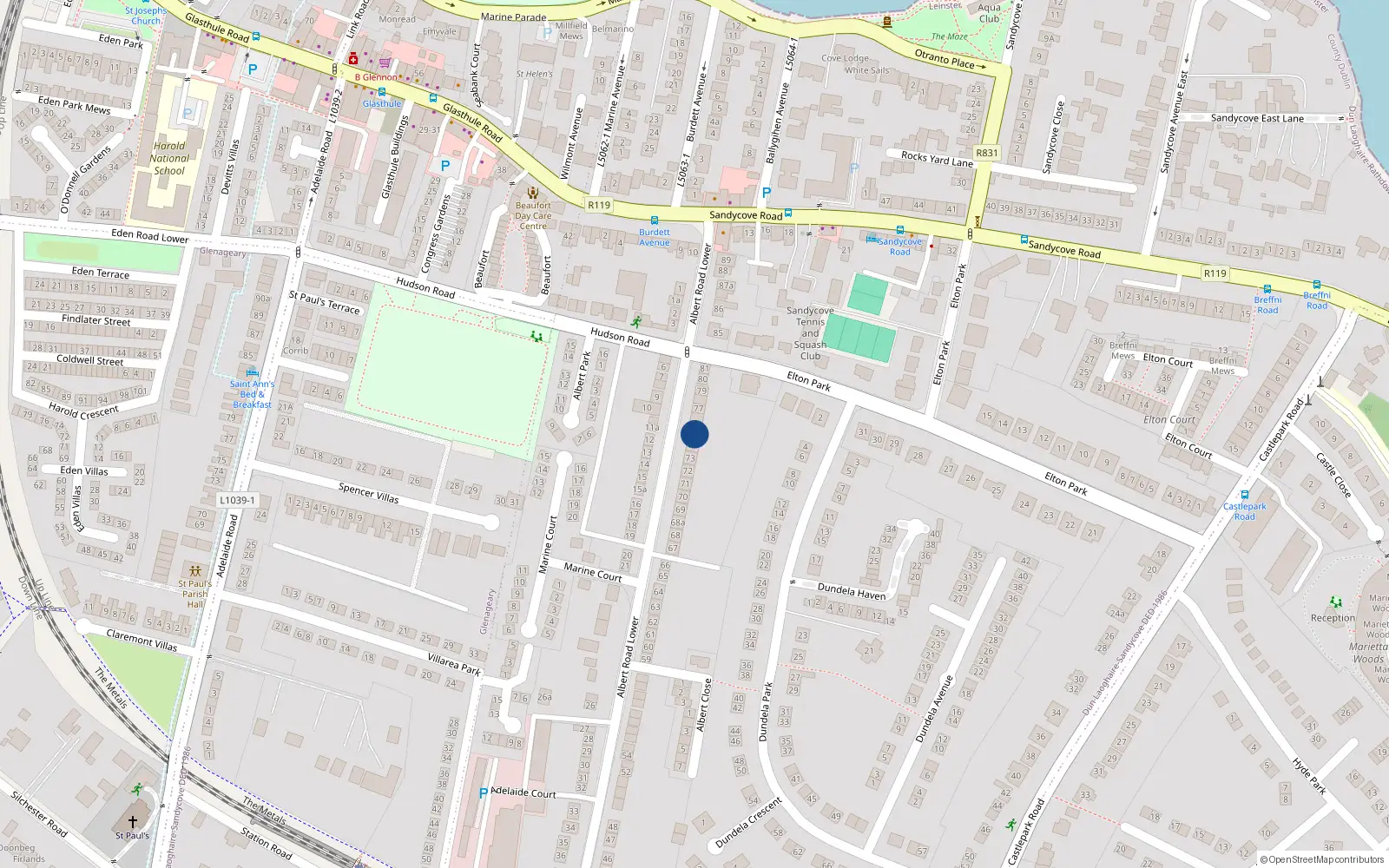 Overhead map showing the location of 75 Albert Road, Glenageary, Dublin