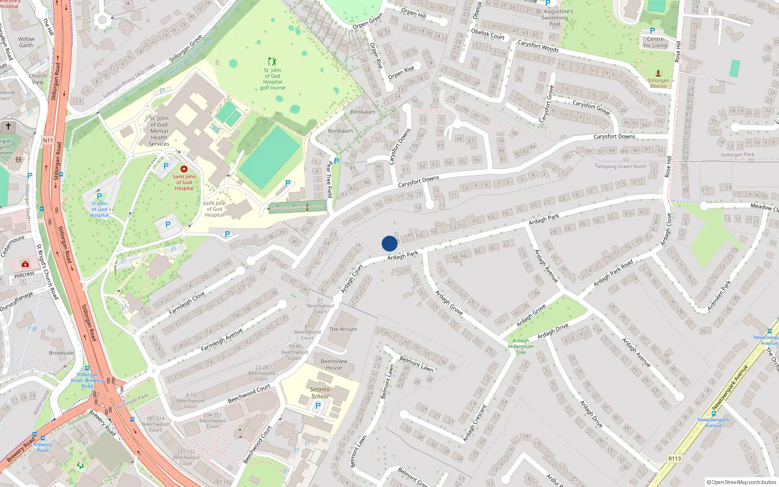 Overhead map showing the location of 75 Ardagh Park, Blackrock, County Dublin