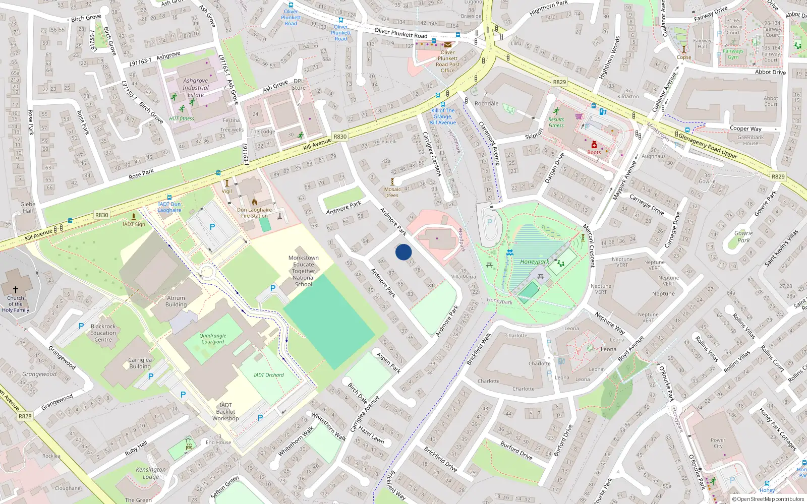 Overhead map showing the location of 75 Ardmore Park, Dublin