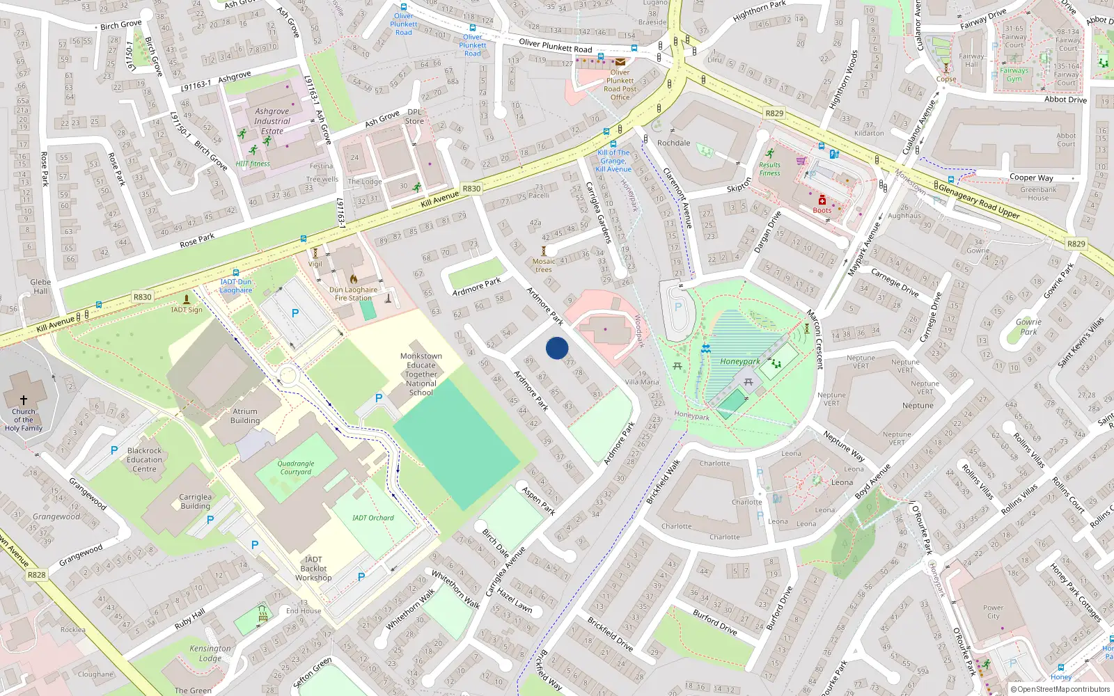 Overhead map showing the location of 75 Ardmore Park, Kill Avenue, Dun Laoghaire