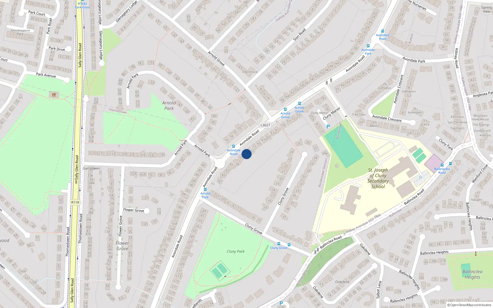 Overhead map showing the location of 75 Avondale Road, Killiney