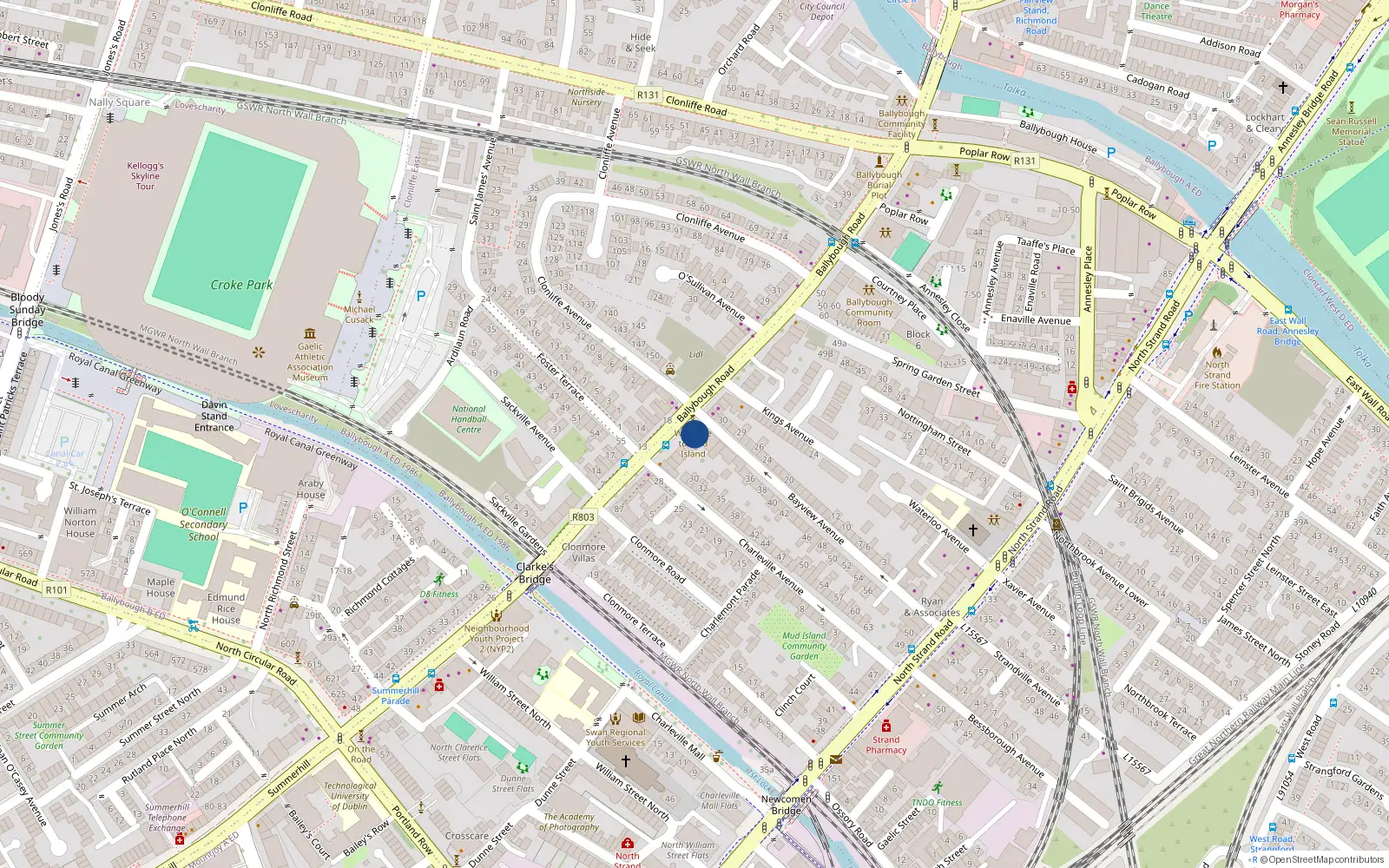 Overhead map showing the location of 75 Ballybough Road, Ballybough, Dublin 3
