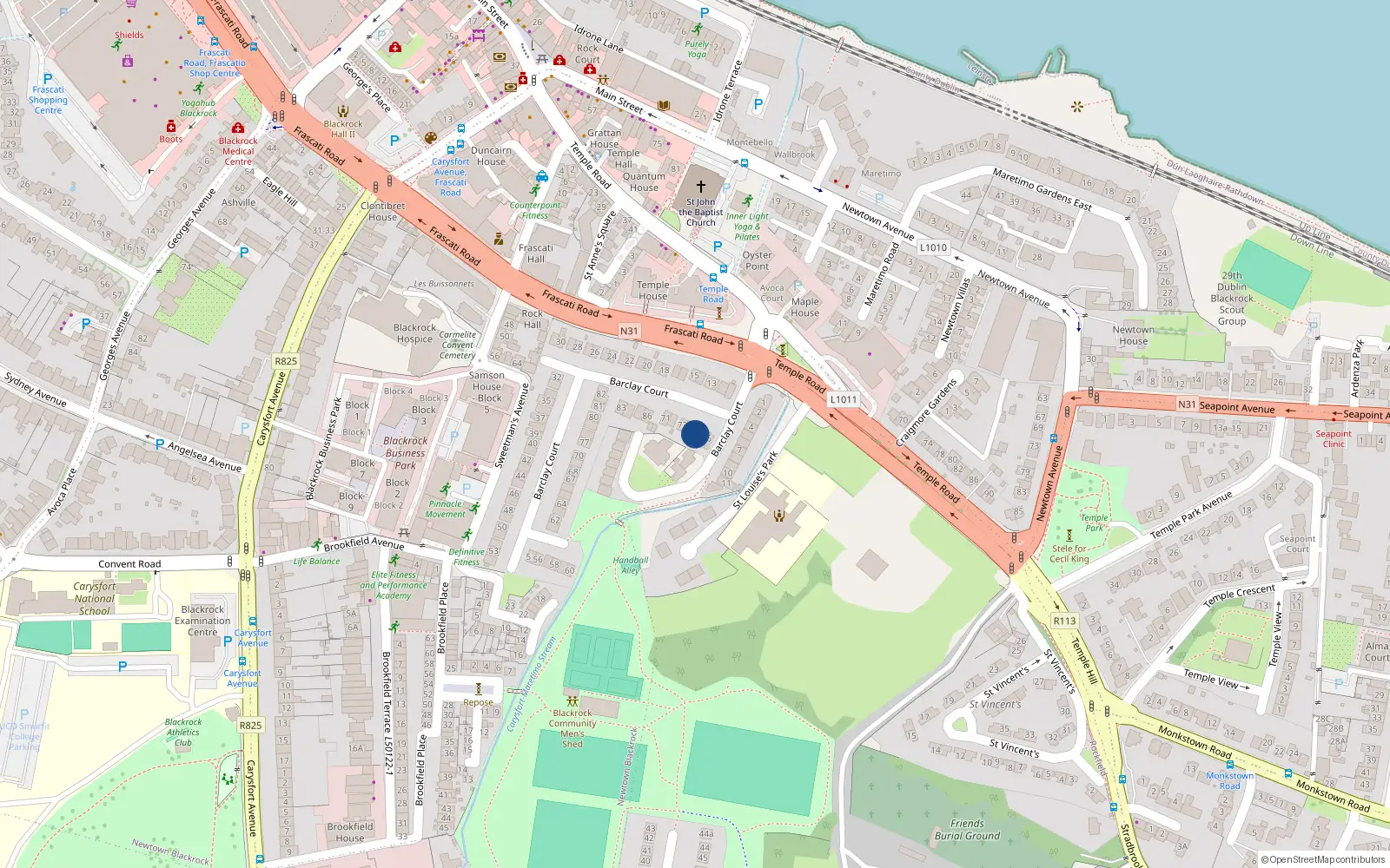 Overhead map showing the location of 75 Barclay Court, Blackrock, Dublin