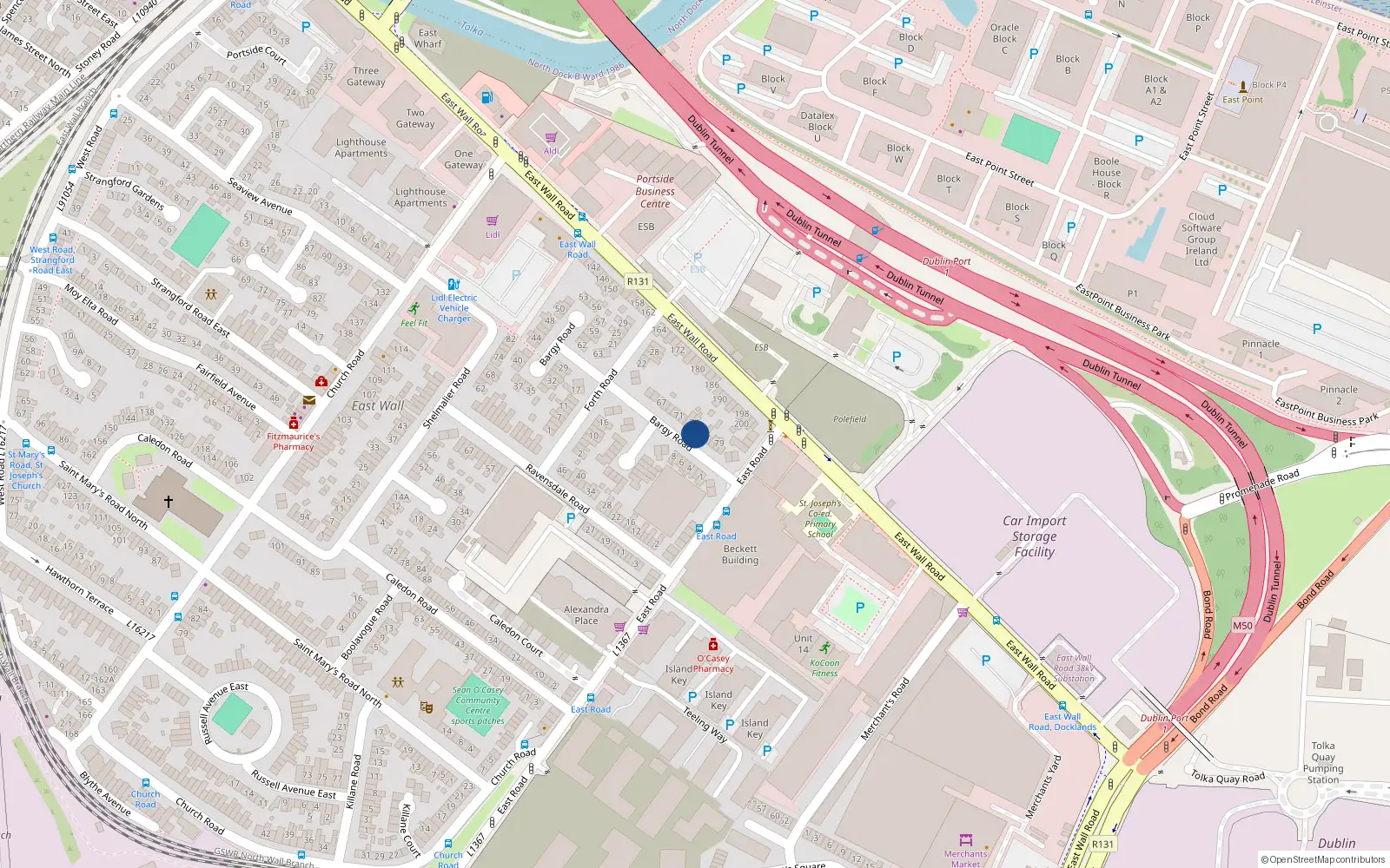 Overhead map showing the location of 75 Bargy Road, East Wall, Dublin 3
