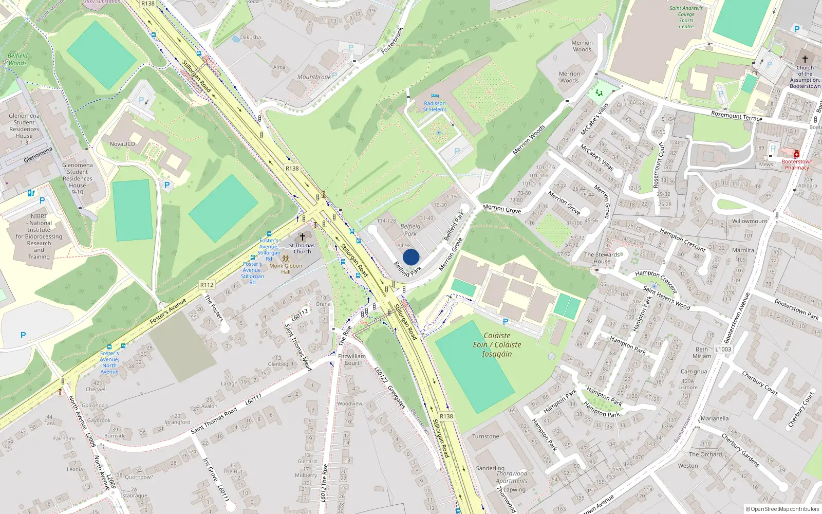 Overhead map showing the location of 75 Belfield Park, Stillorgan Road, Stillorgan
