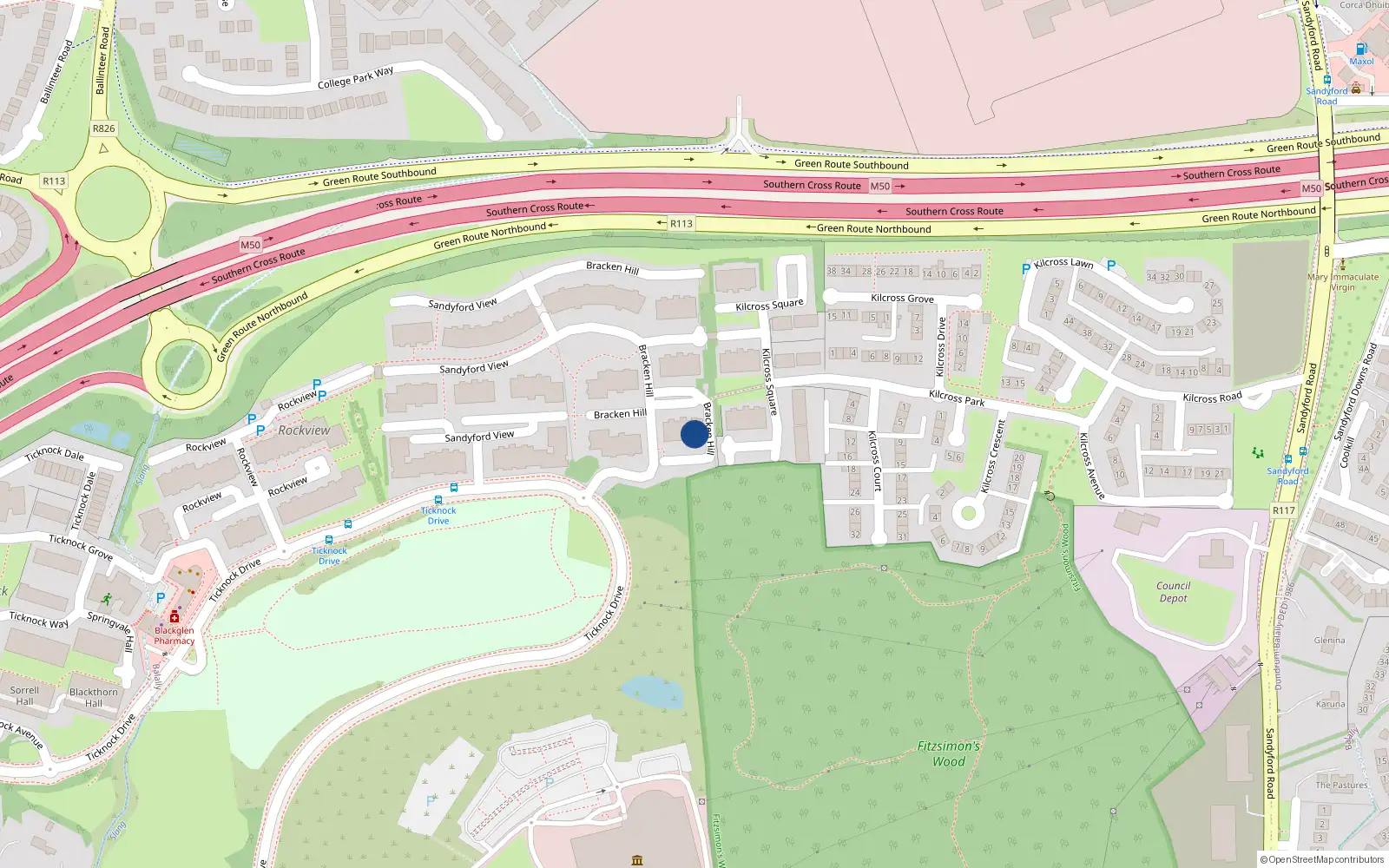 Overhead map showing the location of 75 Bracken Hill, Dublin