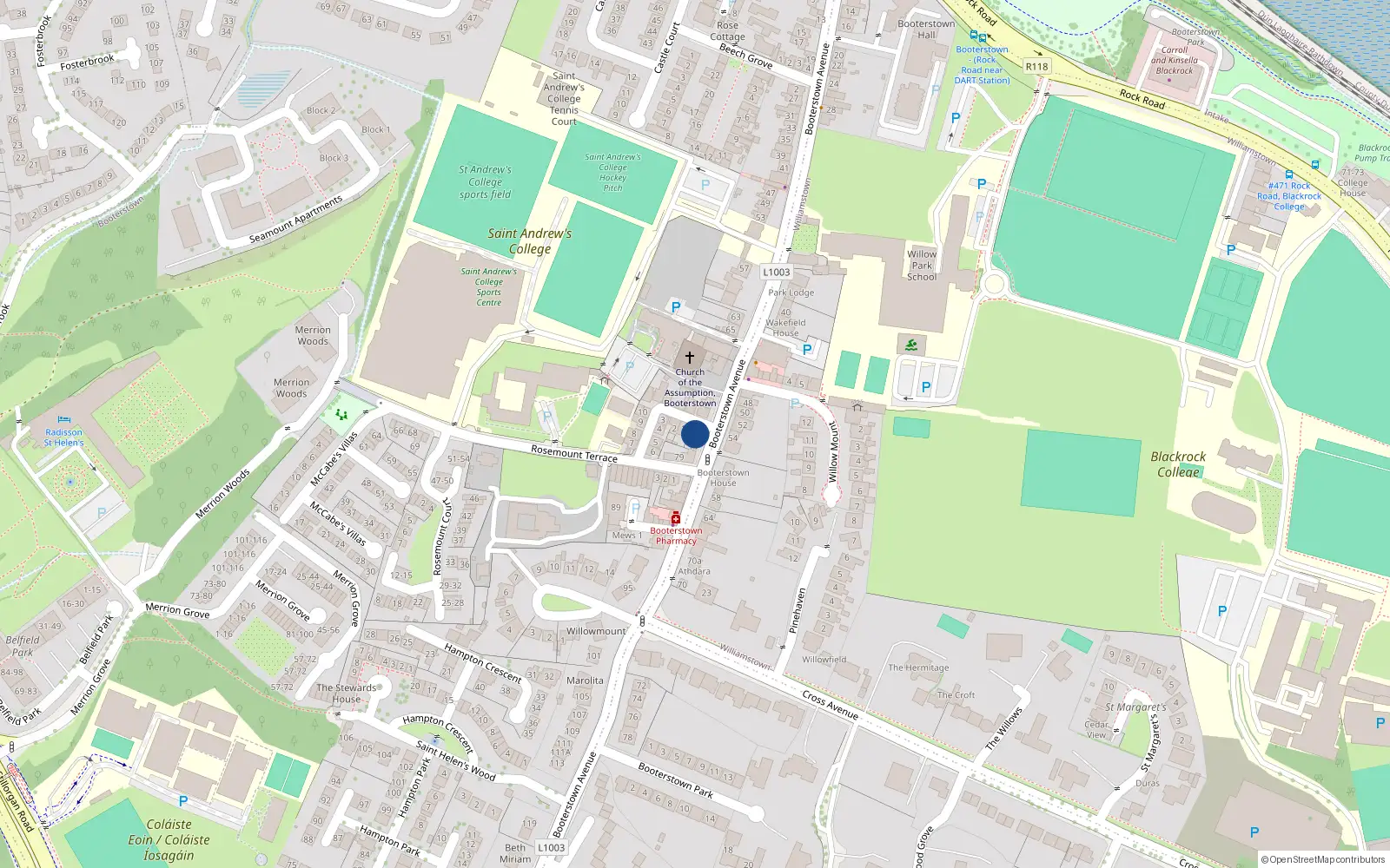Overhead map showing the location of 75 Booterstown Avenue, Booterstown