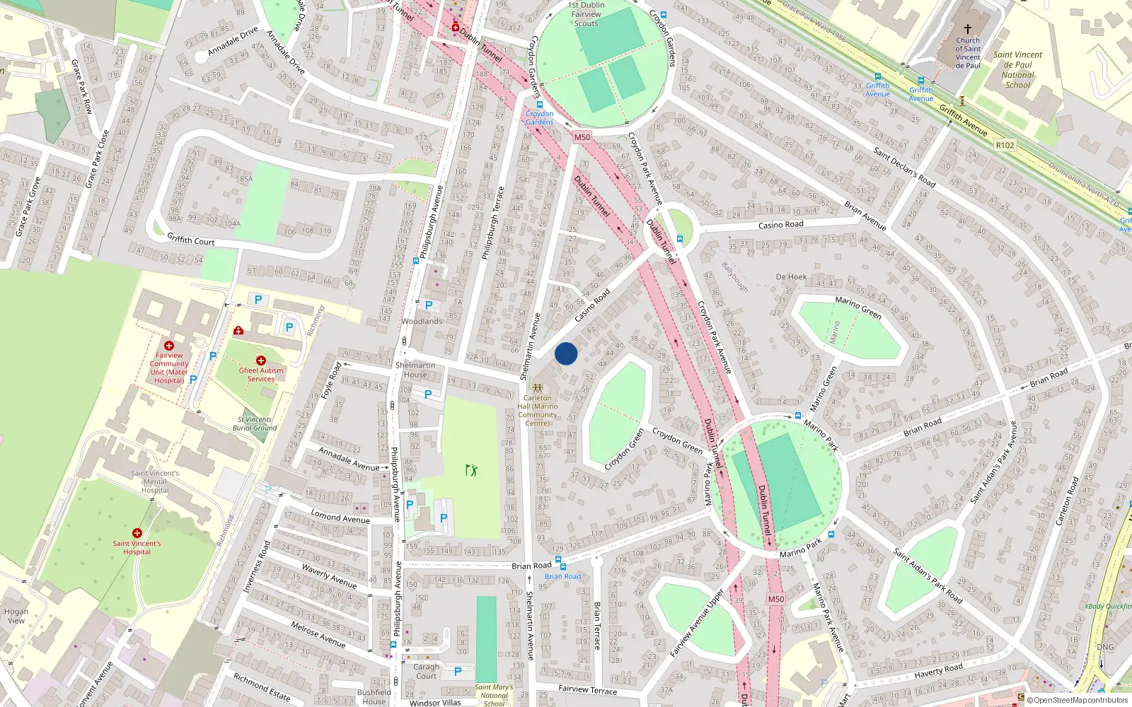 Overhead map showing the location of 75 Casino Road, Marino, Dublin 3