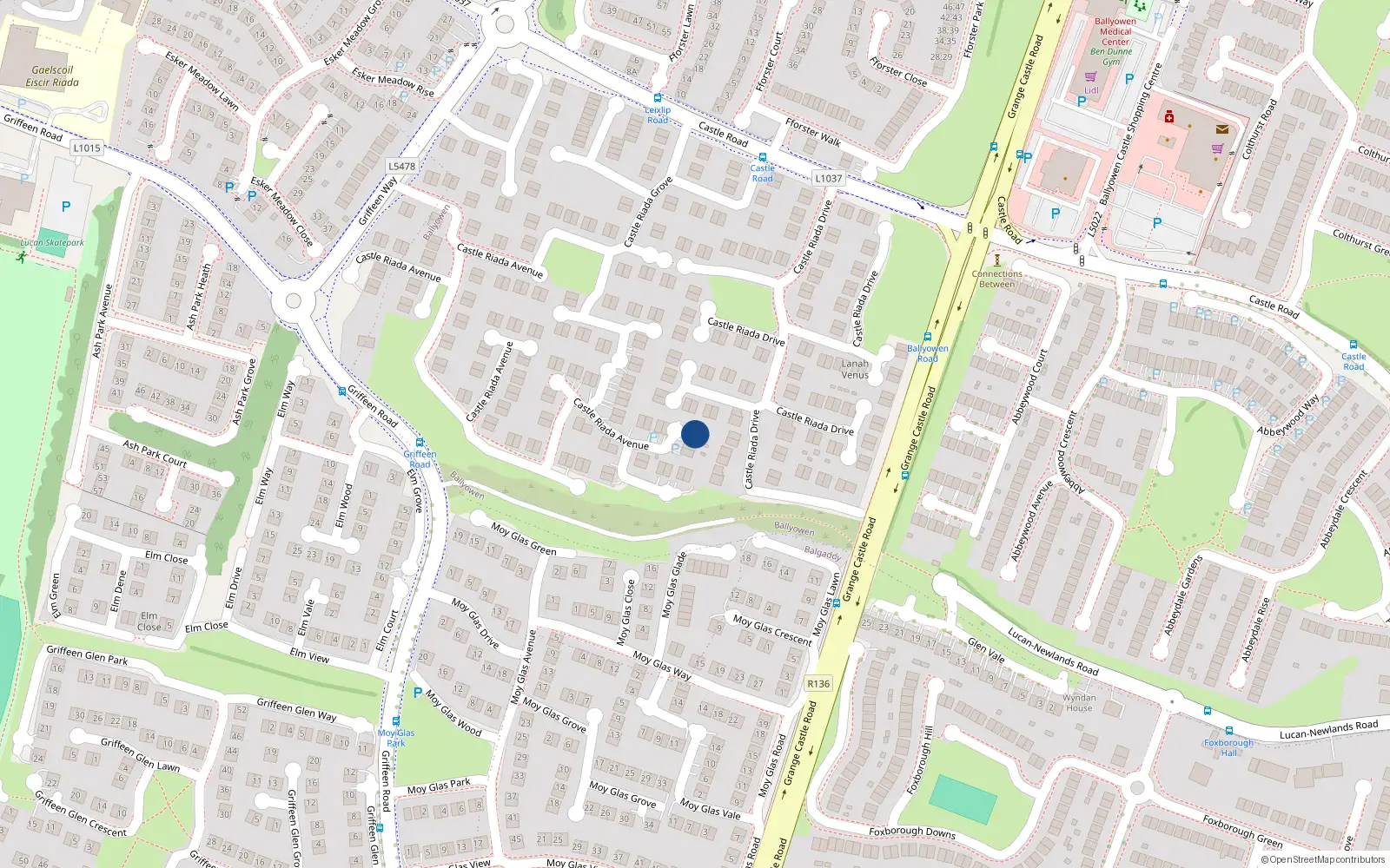 Overhead map showing the location of 75 Castleriada Avenue, Lucan, Dublin
