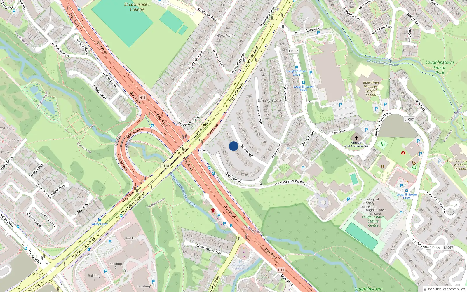Overhead map showing the location of 75 Cherrywood, Loughlinstown, Dun Laoghaire