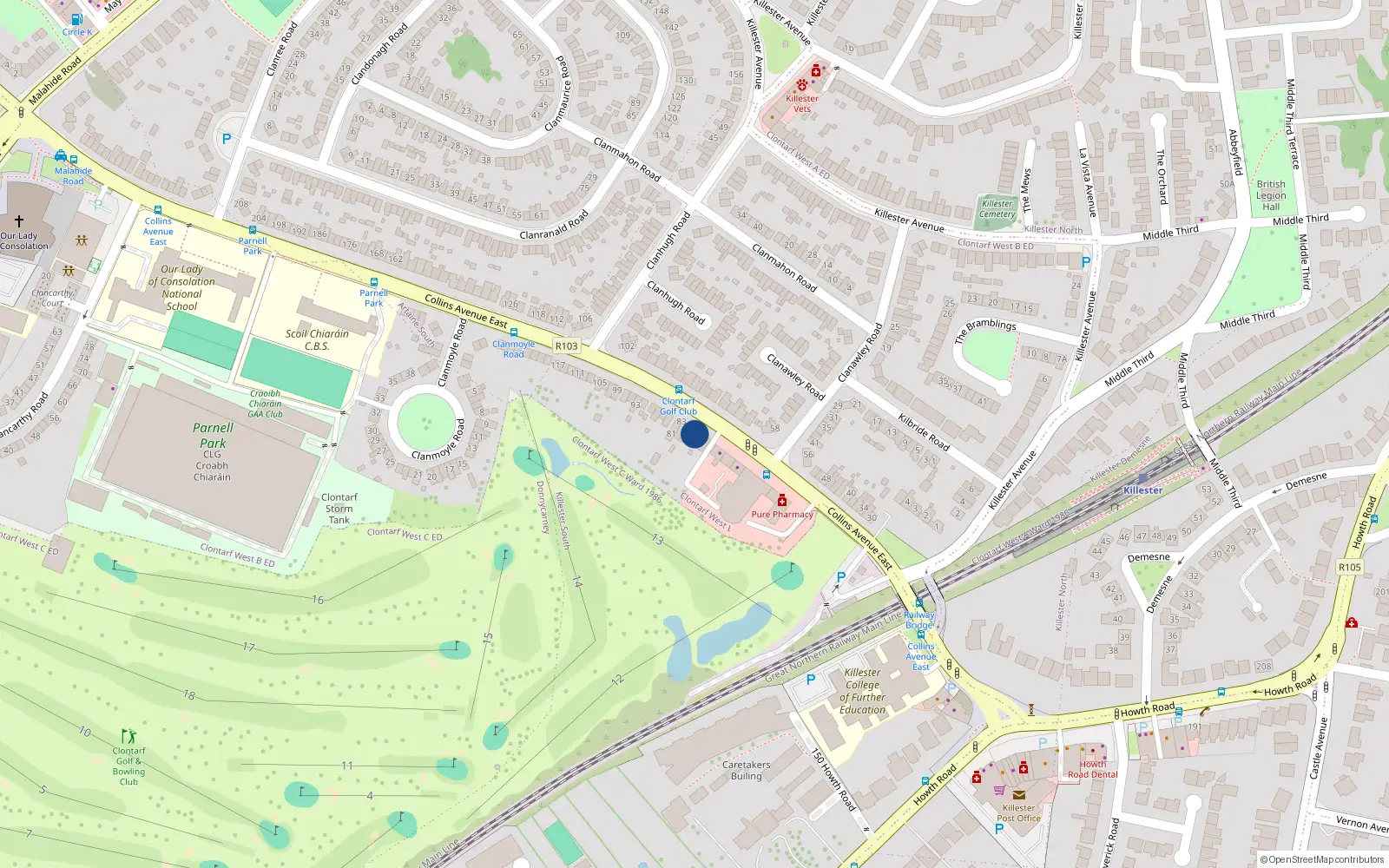 Overhead map showing the location of 75 Collins Avenue East, Dublin 5
