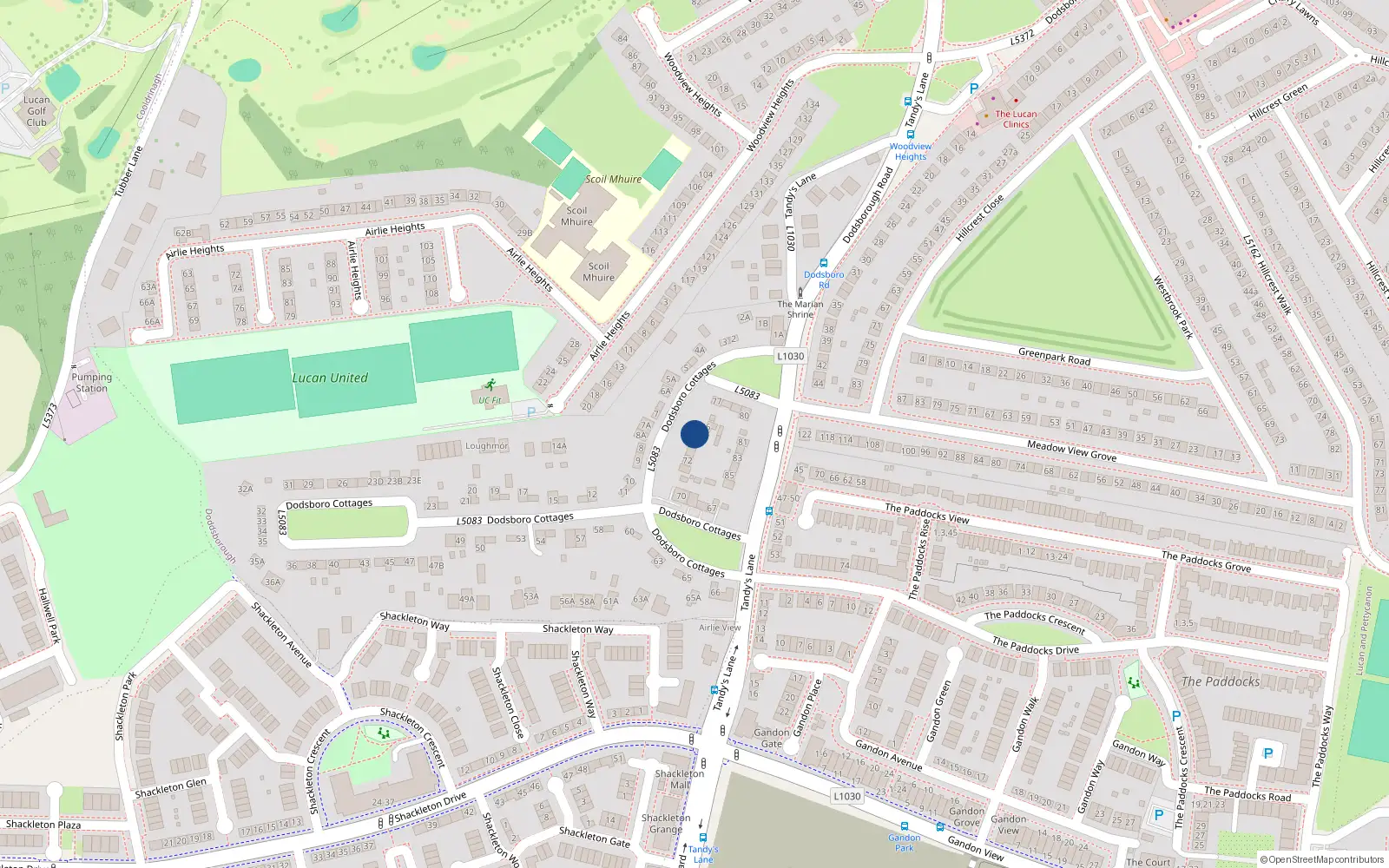 Overhead map showing the location of 75 Dodsboro Cottages, Lucan, Co Dublin
