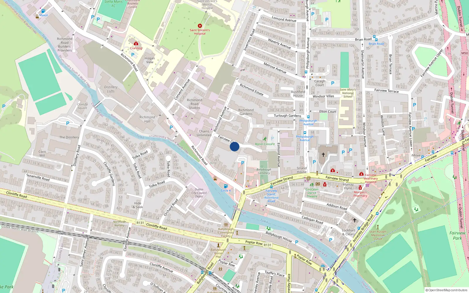 Overhead map showing the location of 75 Fairview Close, Cabra - Glasnevin