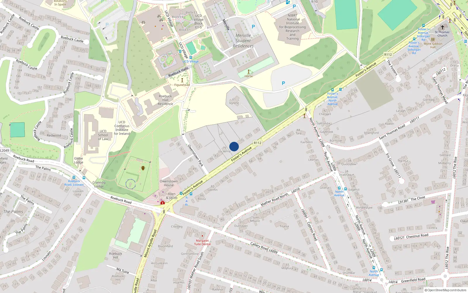 Overhead map showing the location of 75 Fosters Avenue, Mount Merrion, Dublin