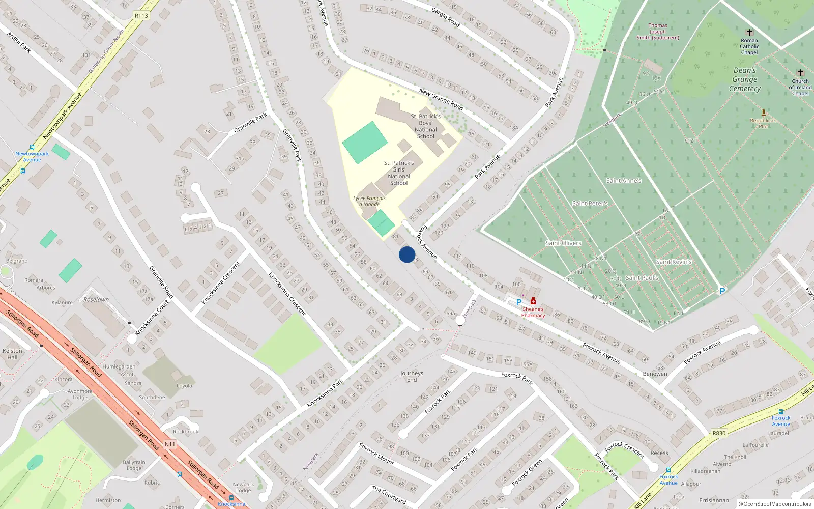 Overhead map showing the location of 75 Foxrock Avenue, Dublin