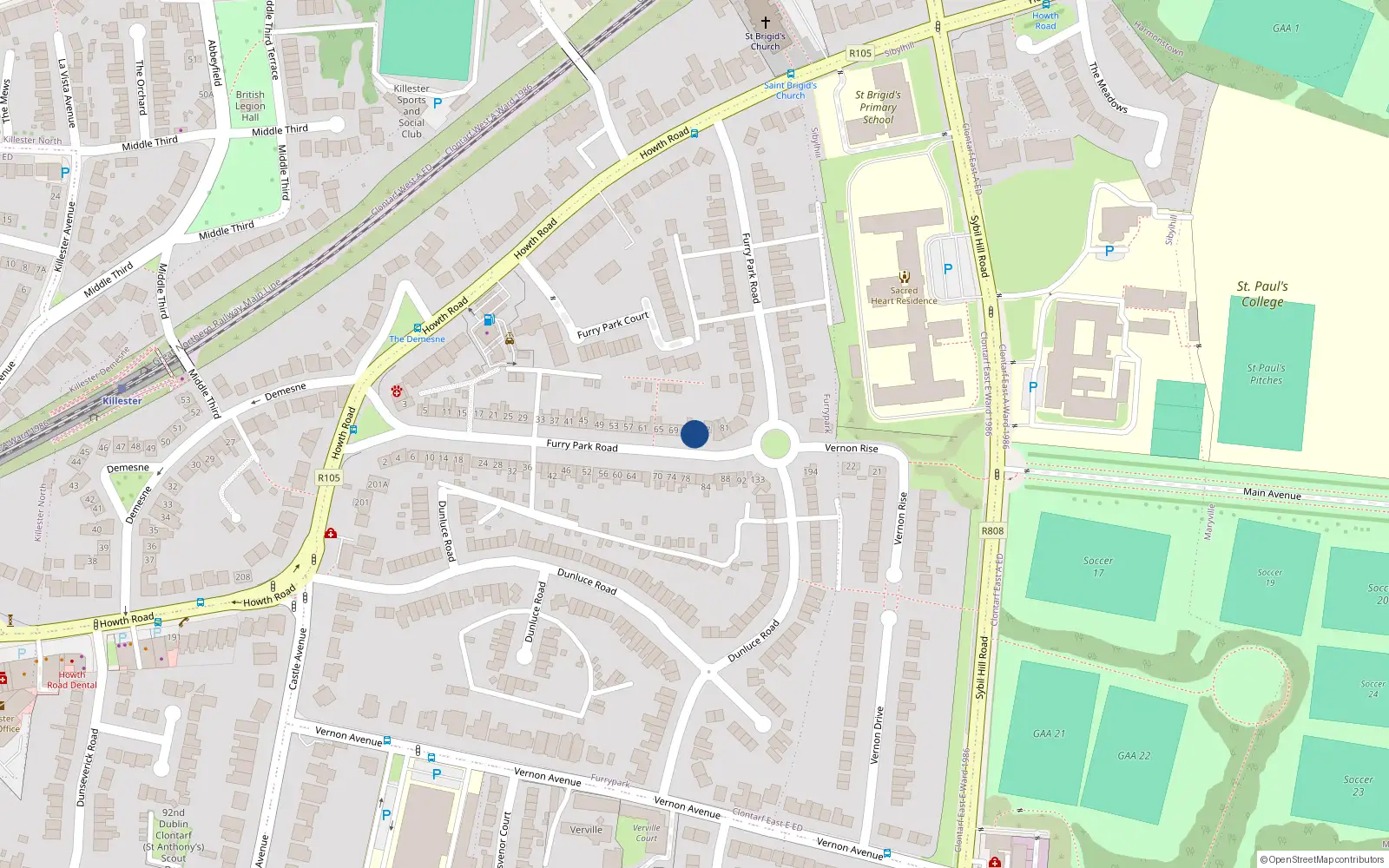 Overhead map showing the location of 75 Furry Park Road, Killester, Dublin 5