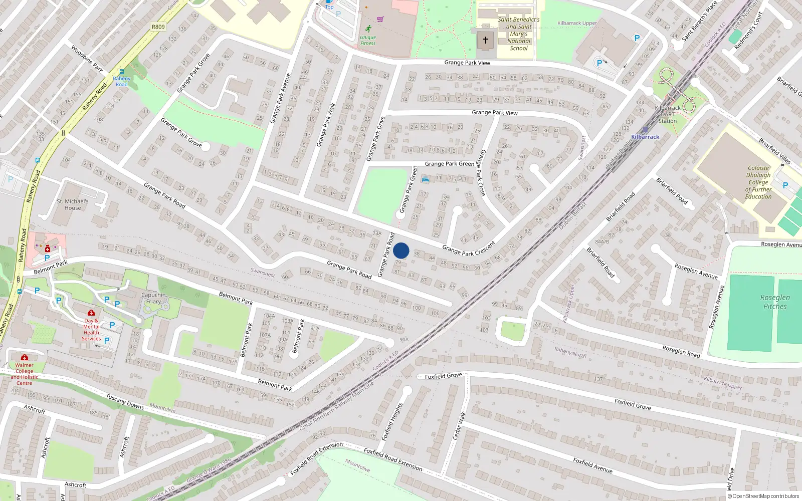 Overhead map showing the location of 75 Grange Park Road, Raheny, Dublin 5