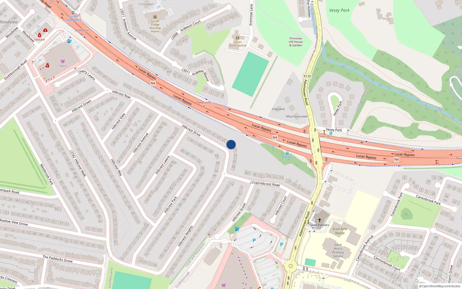 Overhead map showing the location of 75 Hillcrest Drive, Hillcrest, Lucan