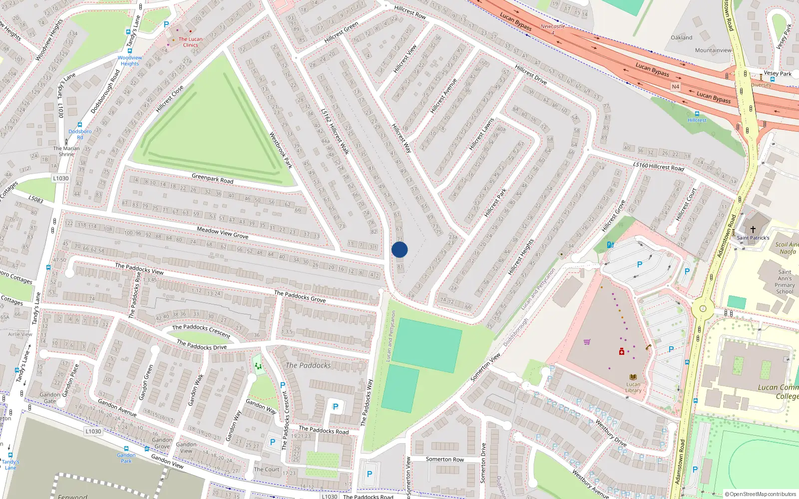 Overhead map showing the location of 75 Hillcrest Walk, Lucan, Dublin