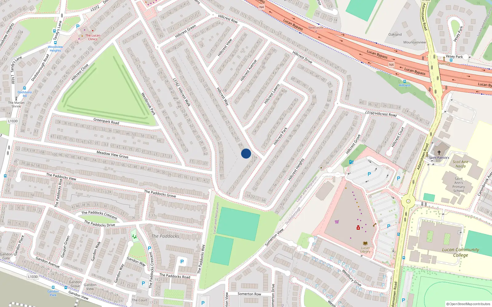 Overhead map showing the location of 75 Hillcrest Way, Lucan