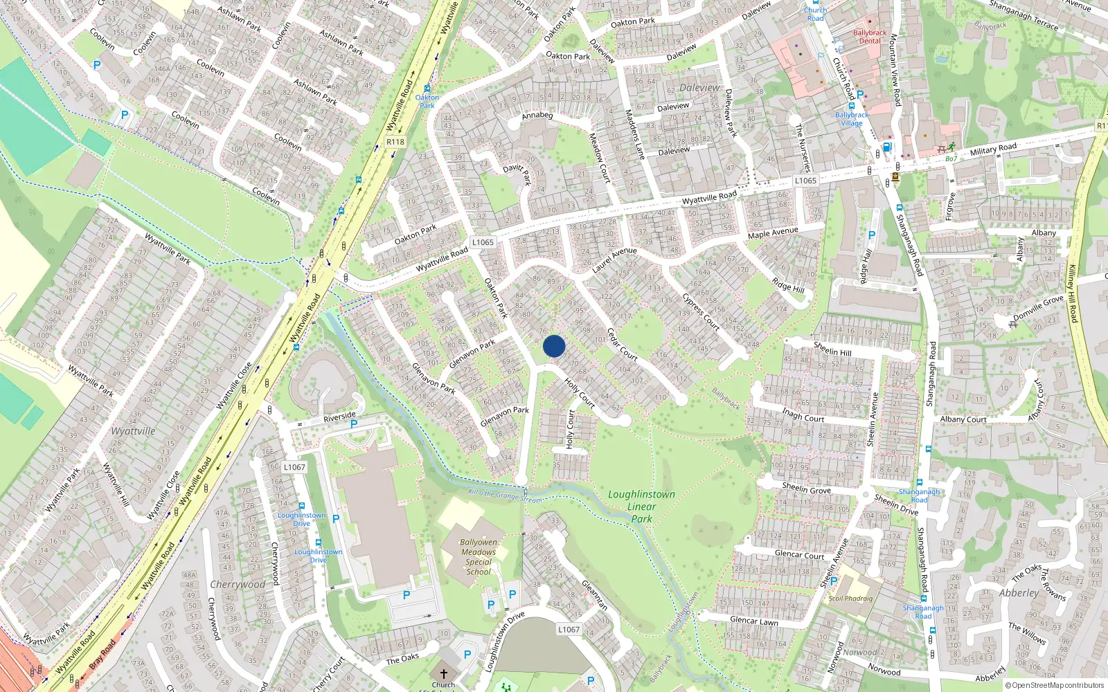 Overhead map showing the location of 75 Holly Court, Ballybrack, Dublin