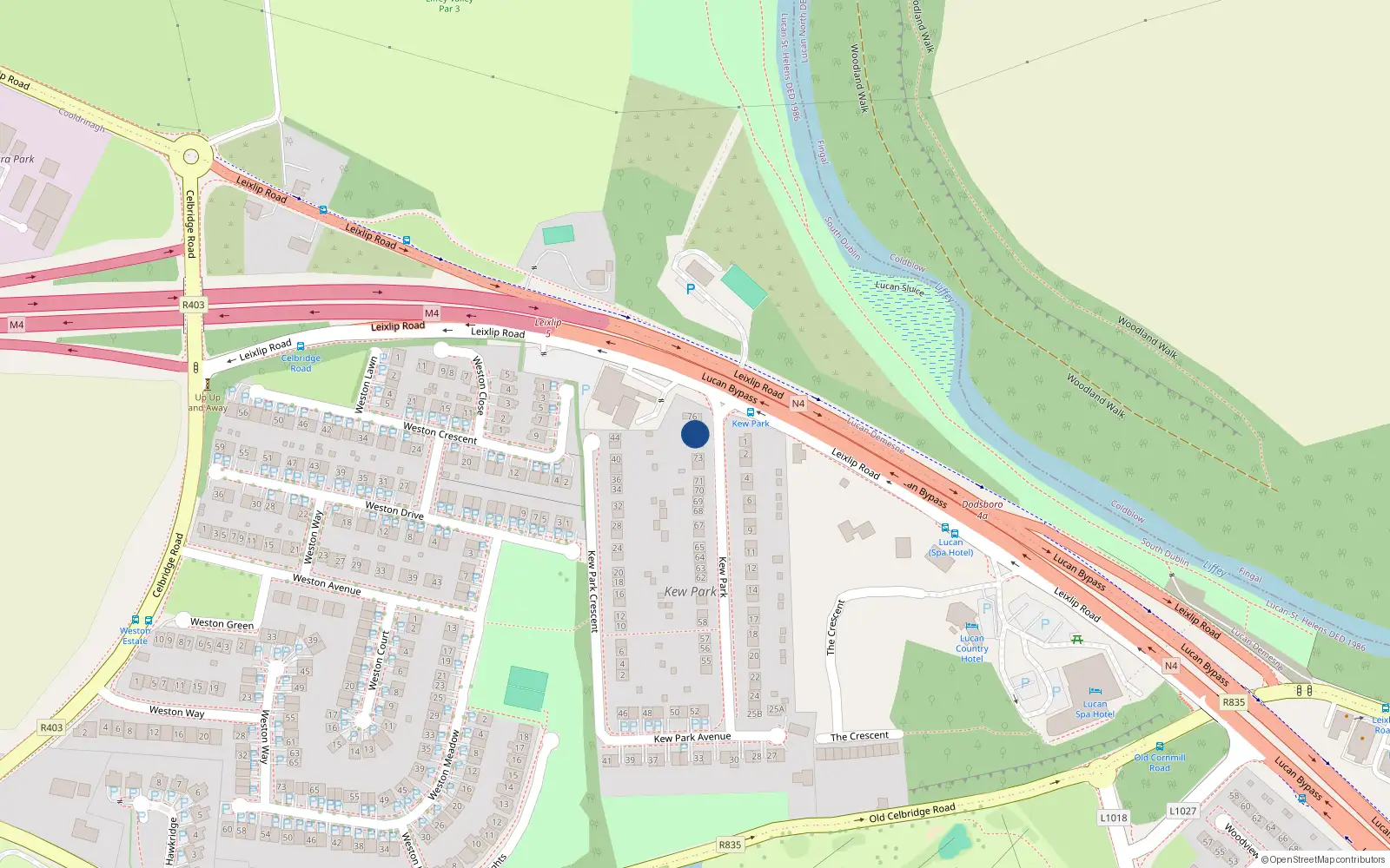 Overhead map showing the location of 75 Kew Park, Lucan, Dublin