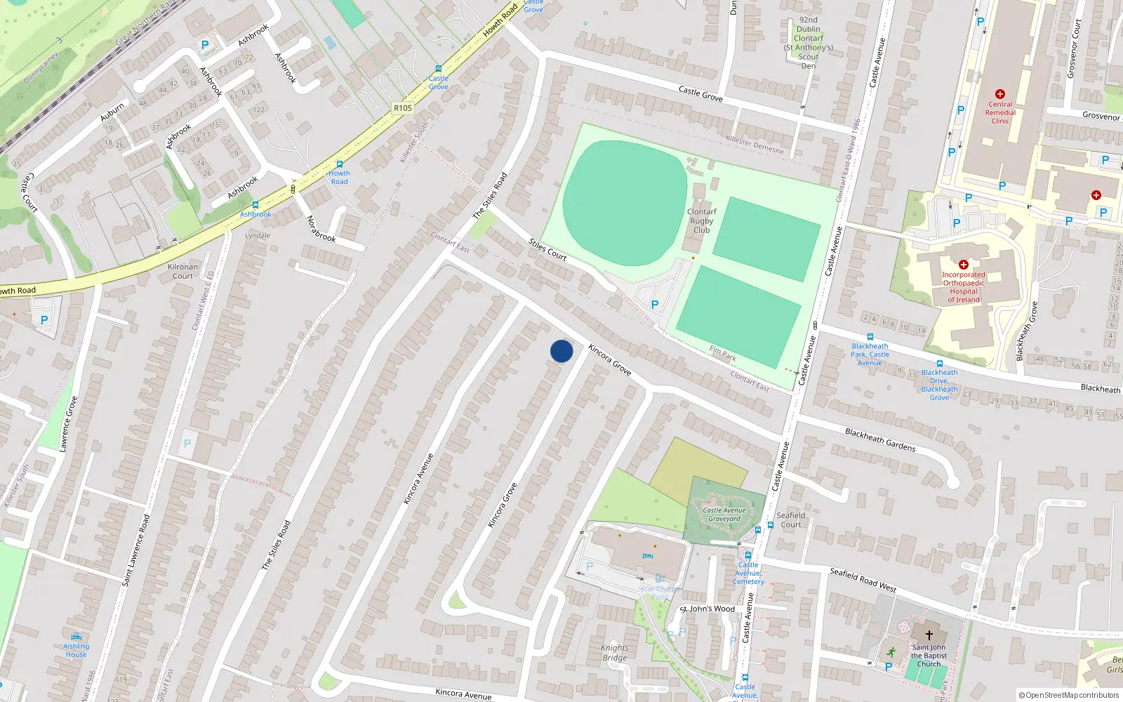Overhead map showing the location of 75 Kincora Drive, Dublin 3