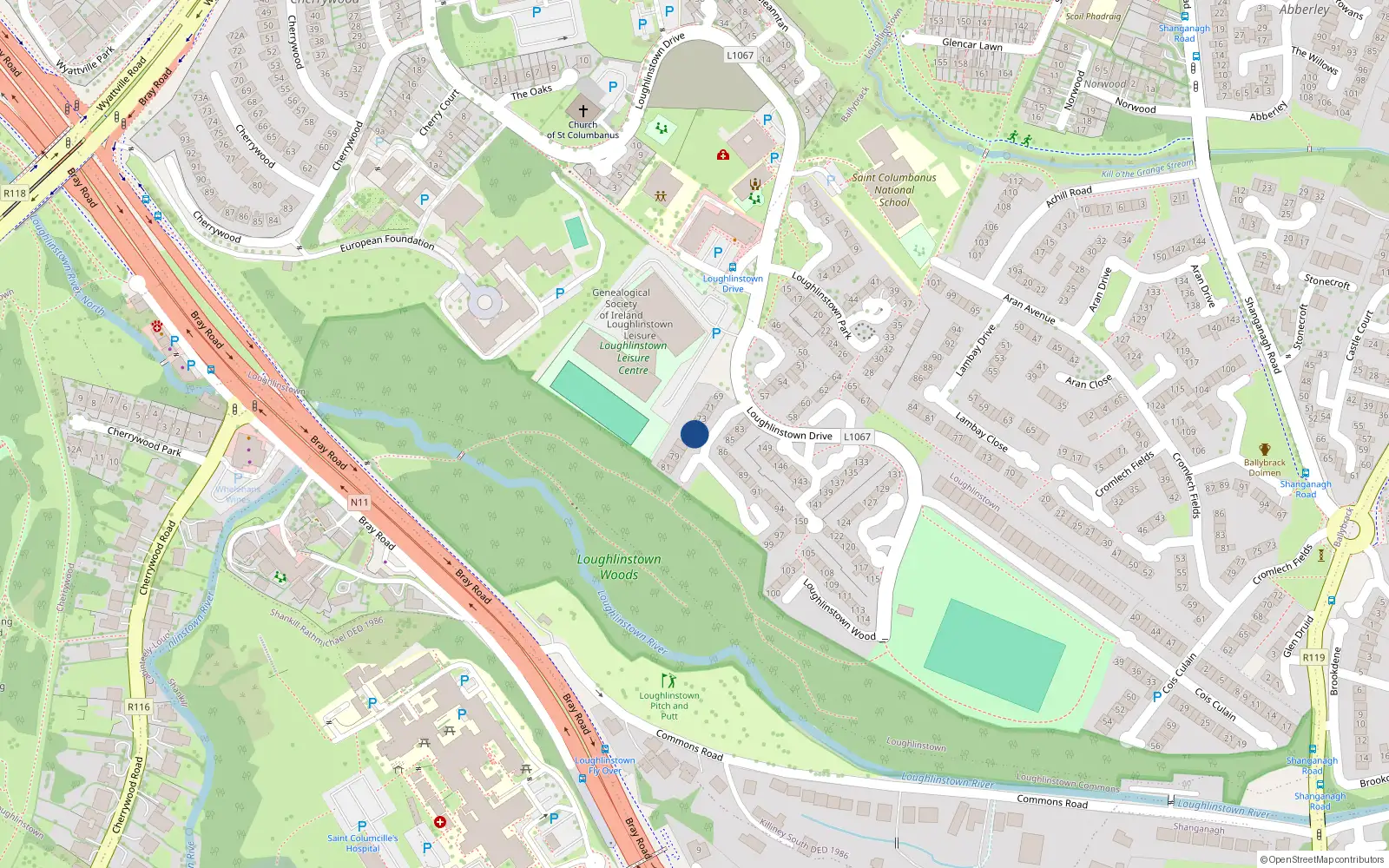 Overhead map showing the location of 75 Loughlinstown Wood, Dublin