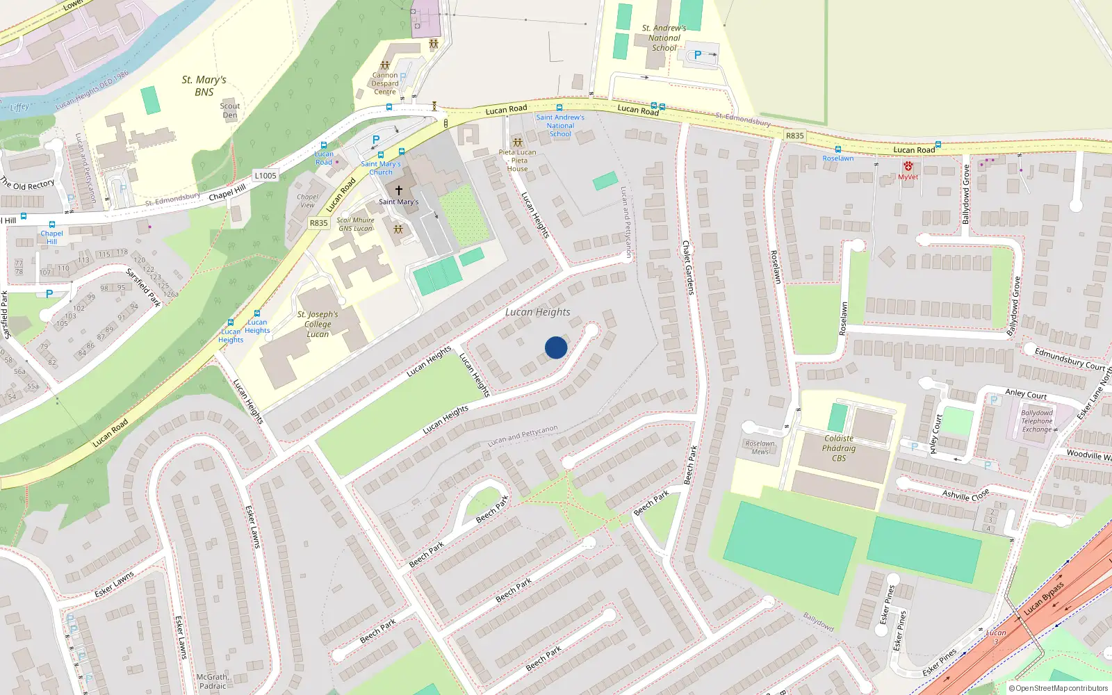 Overhead map showing the location of 75 Lucan Heights, Lucan, Dublin