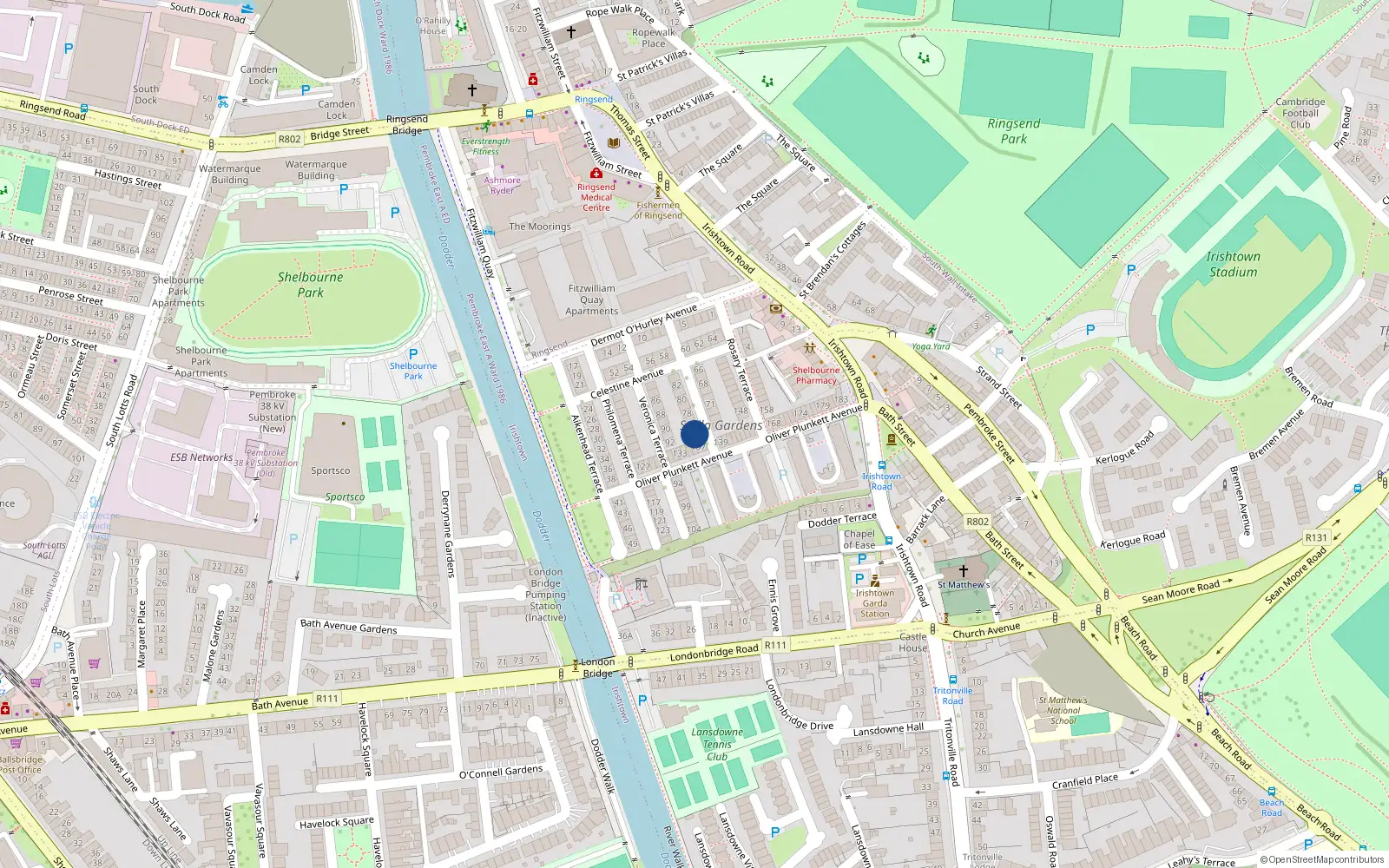 Overhead map showing the location of 75 Magdalen Terrace, Stella Gardens, Irishtown