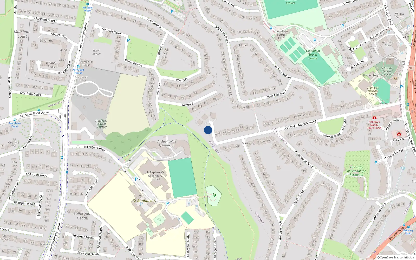 Overhead map showing the location of 75 Merville Road, Stillorgan, Dublin