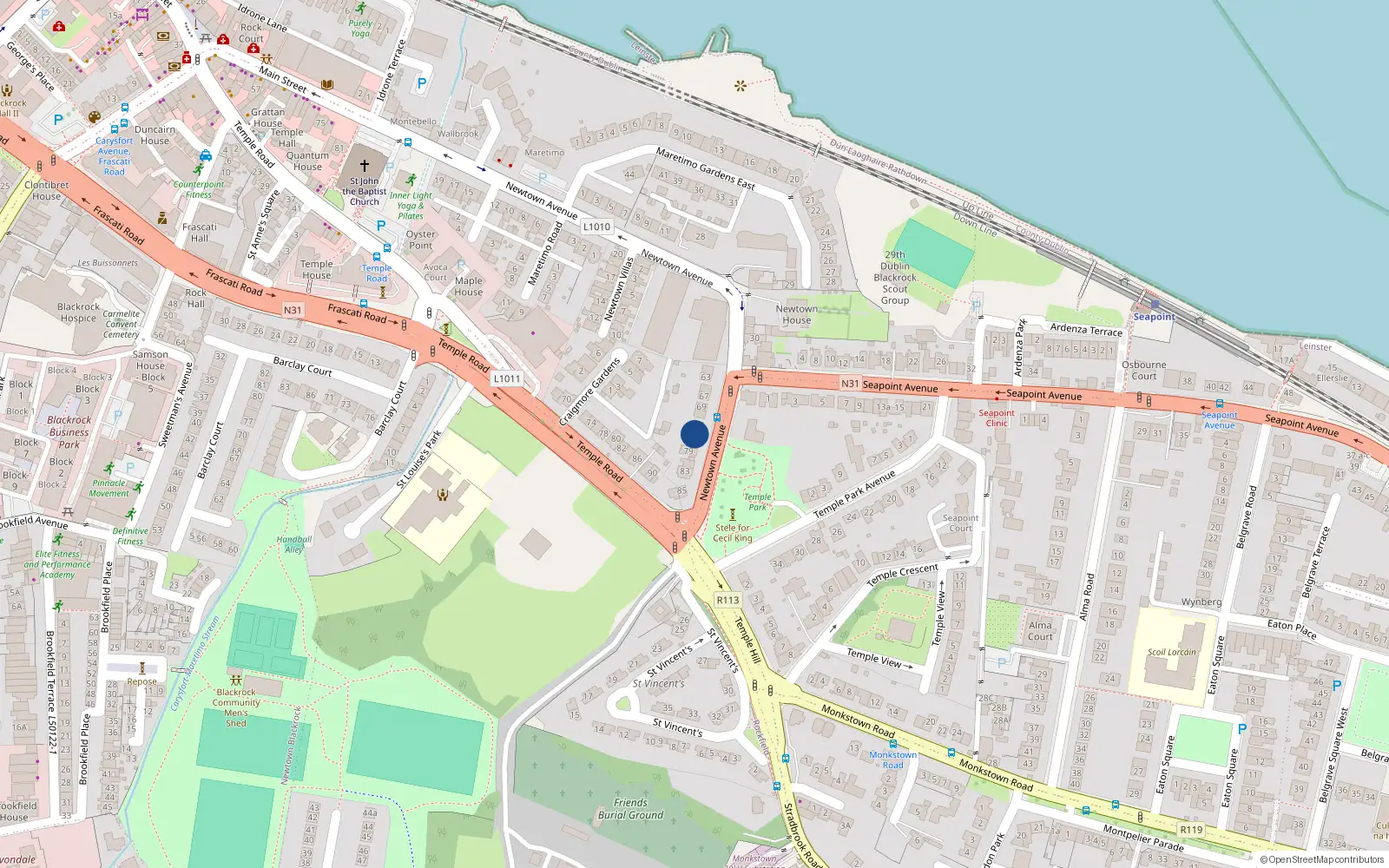 Overhead map showing the location of 75 Newtown Avenue, Blackrock
