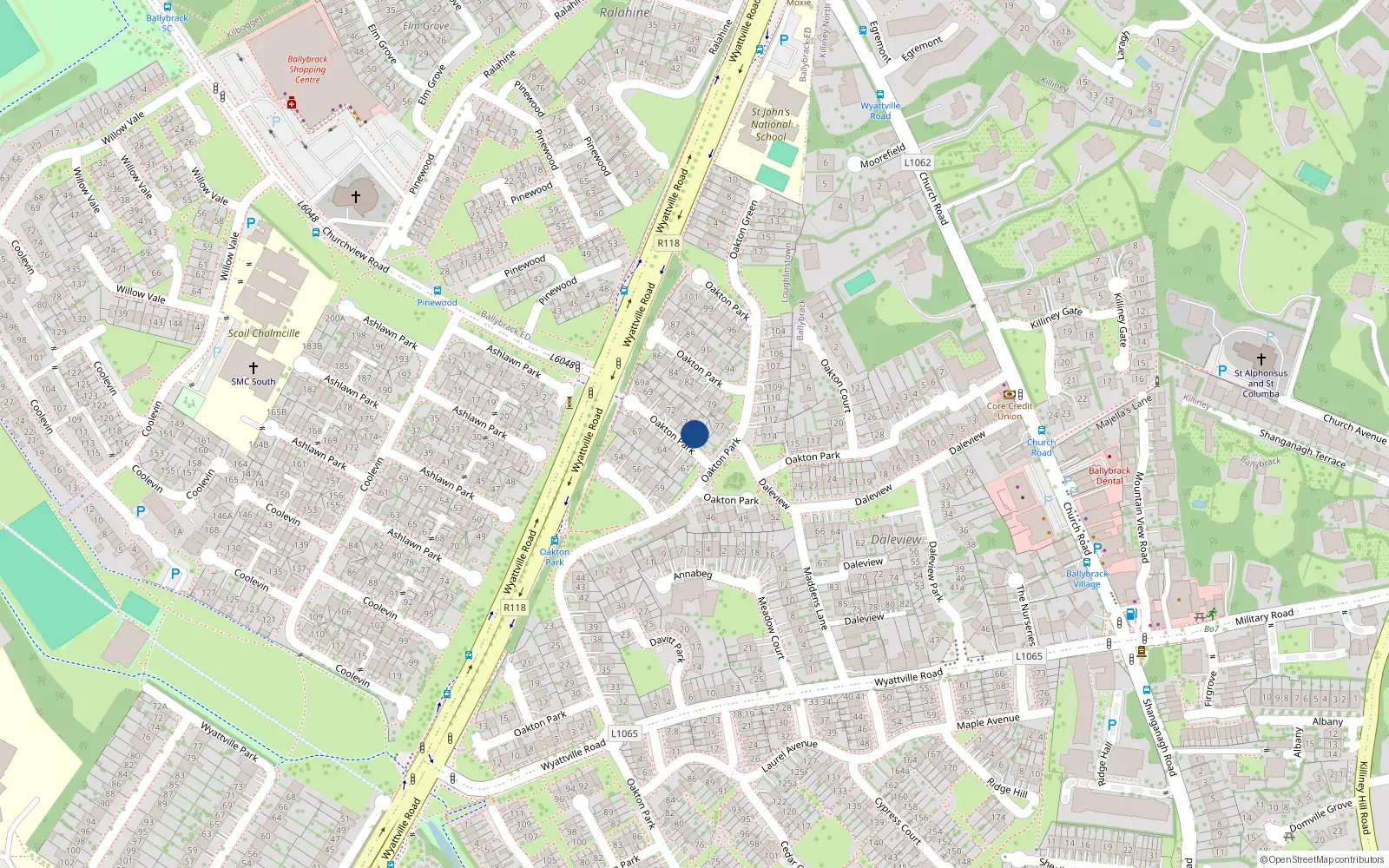 Overhead map showing the location of 75 Oakton Park, Ballybrack