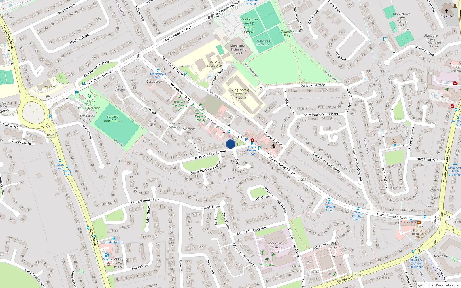 Overhead map showing the location of 75 Oliver Plunkett Avenue, Monkstown Farm, Dun Laoghaire