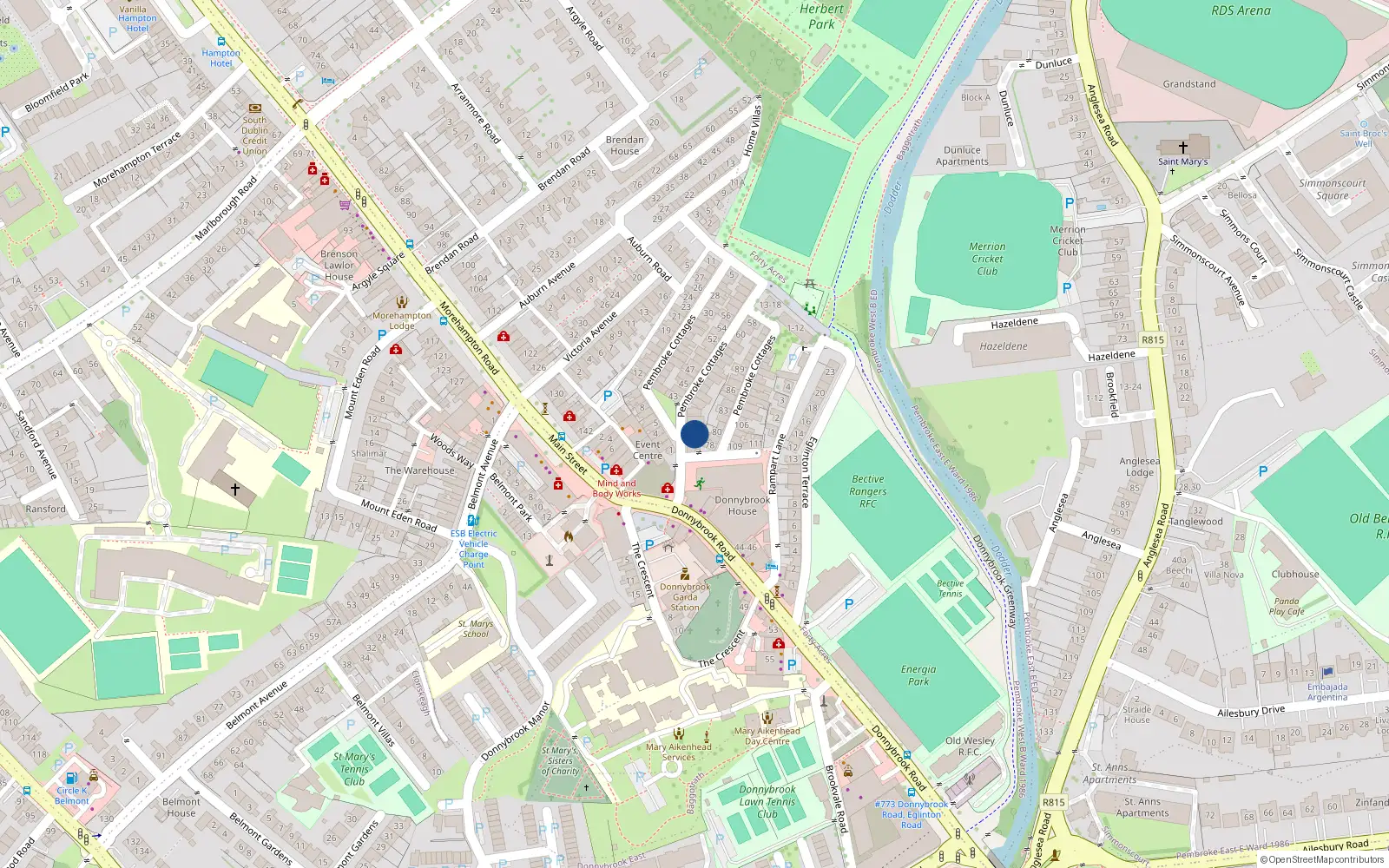 Overhead map showing the location of 75 Pembroke Cottages, Dublin 4