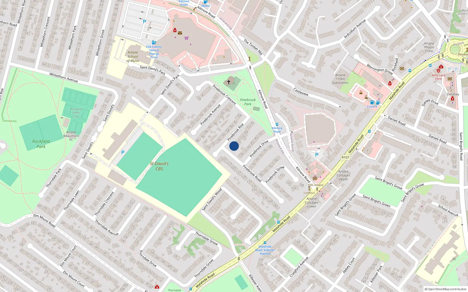 Overhead map showing the location of 75 Pinebrook Rise, Dublin 5