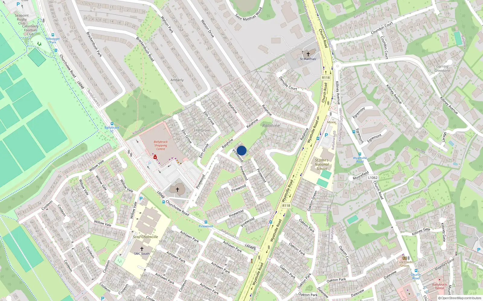Overhead map showing the location of 75 Pinewood, Ballybrack