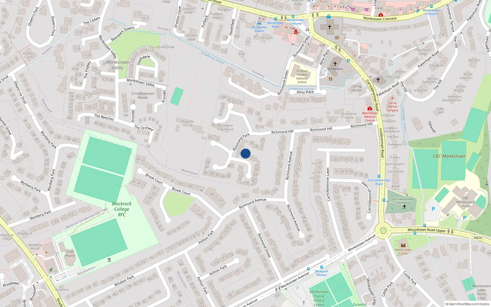 Overhead map showing the location of 75 Rickmond Park, Monkstown, Dublin