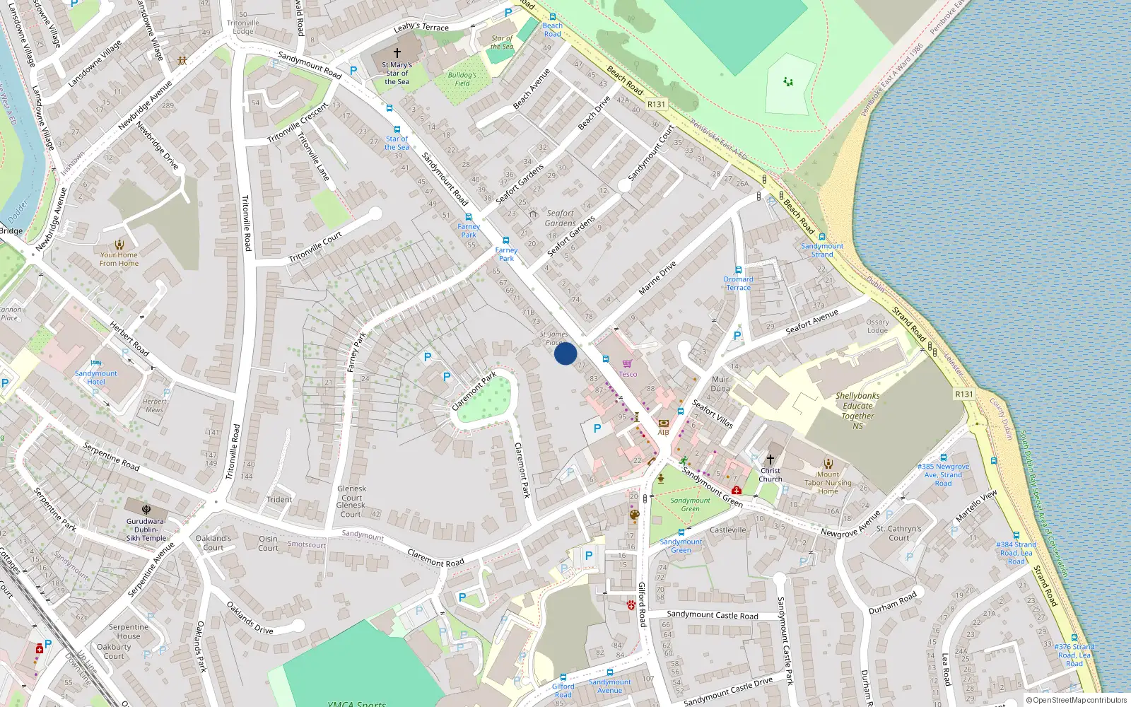 Overhead map showing the location of 75 Sandymount Road, Sandymount