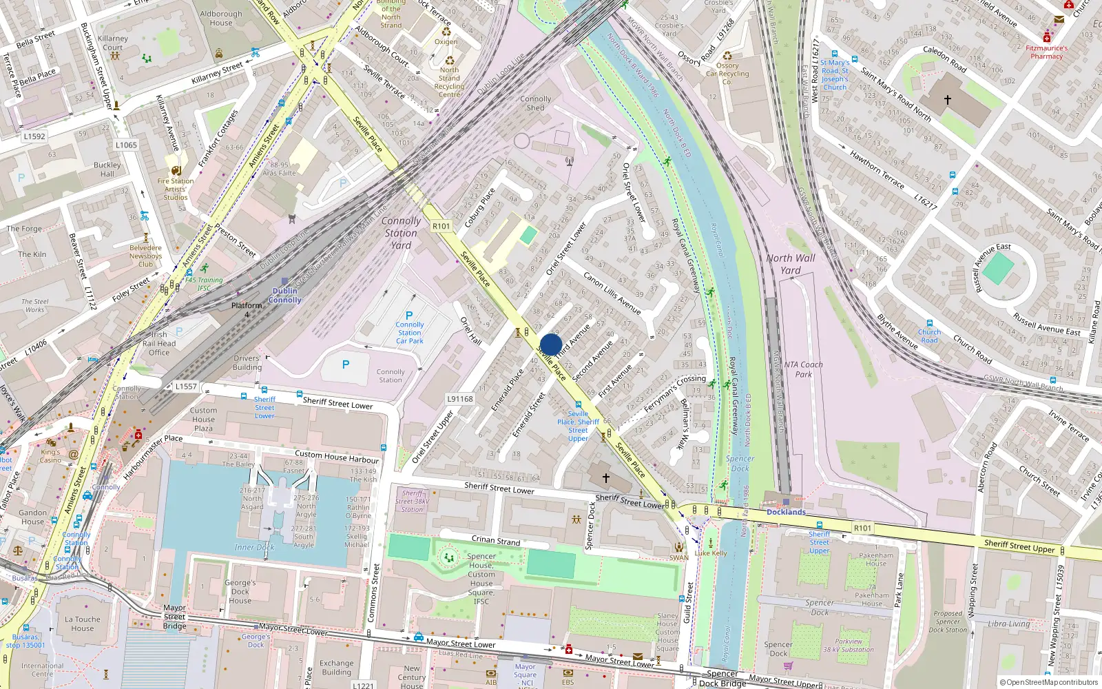 Overhead map showing the location of 75 Seville Place, Dublin 1