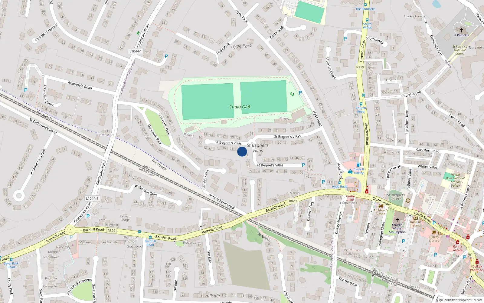 Overhead map showing the location of 75 Saint Begnet's Villas, Dalkey