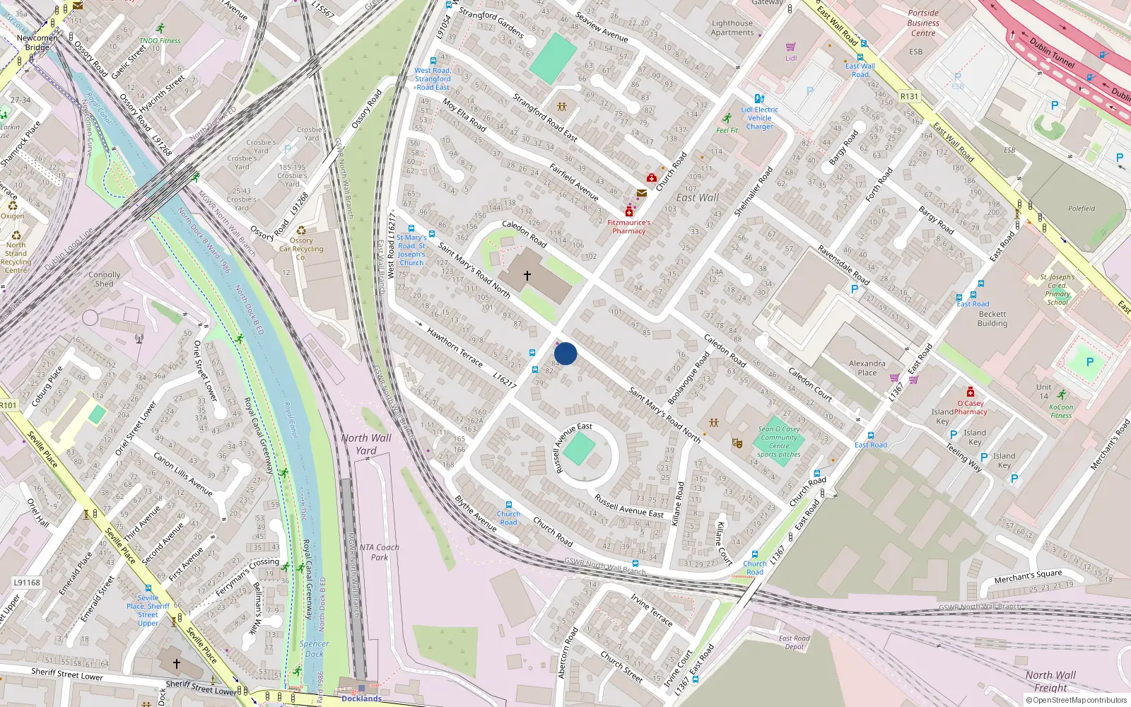 Overhead map showing the location of 75 St Marys Road, East Wall, Dublin 3