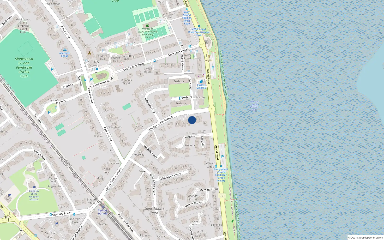 Overhead map showing the location of 75 Sydney Parade Avenue, Dublin 4