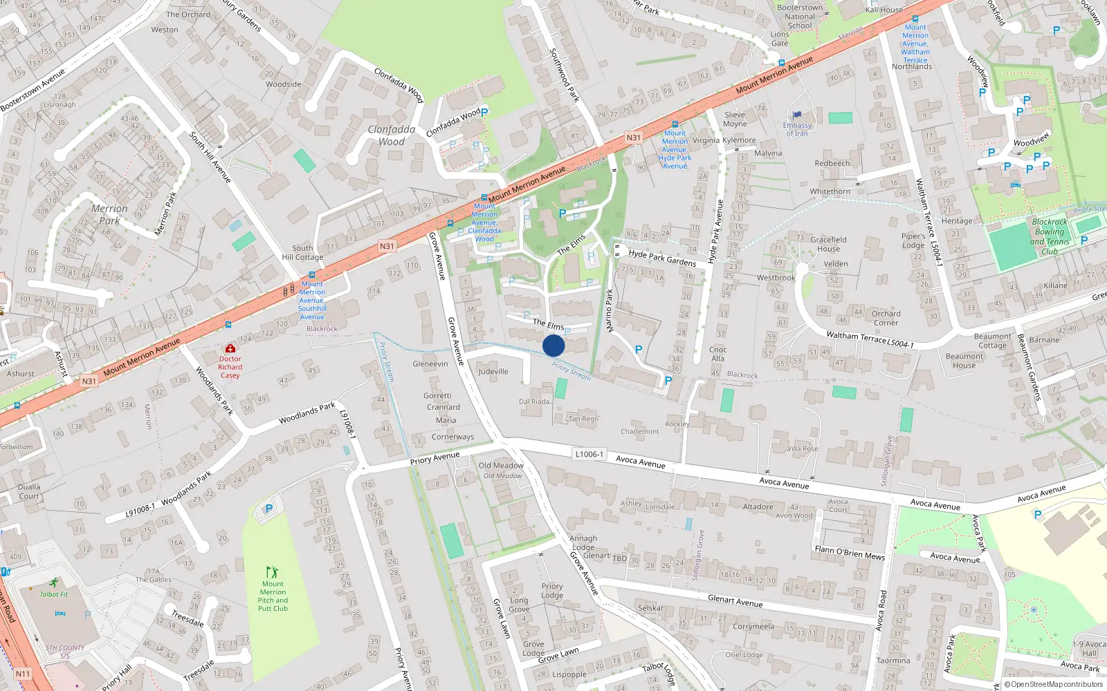 Overhead map showing the location of 75 the Elms, Mount Merrion Avenue, Blackrock
