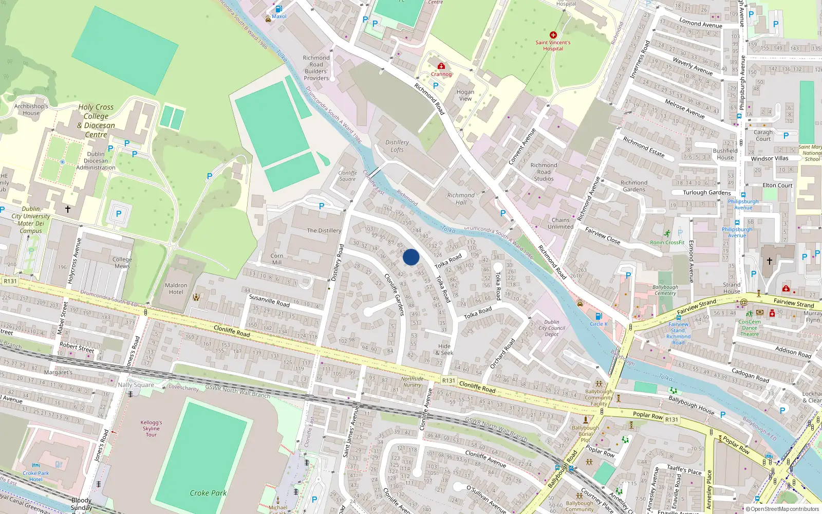 Overhead map showing the location of 75 Tolka Road, Drumcondra, Dublin 3