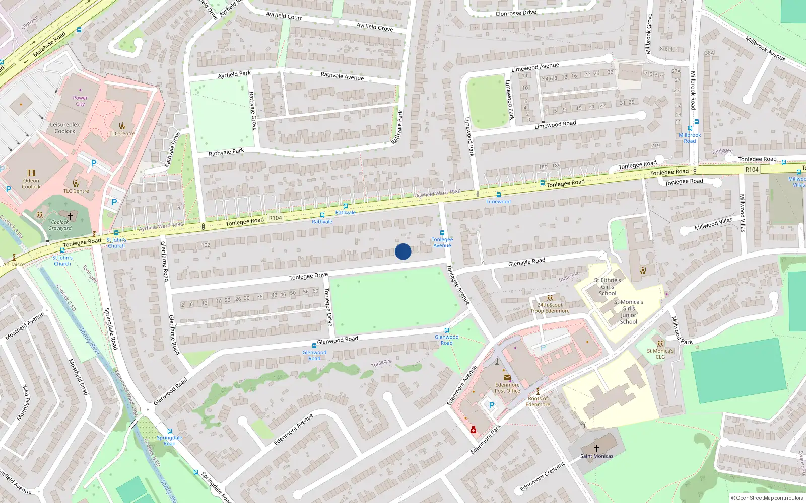 Overhead map showing the location of 75 Tonlegee Drive, Raheny, Dublin 5, D05h7y2