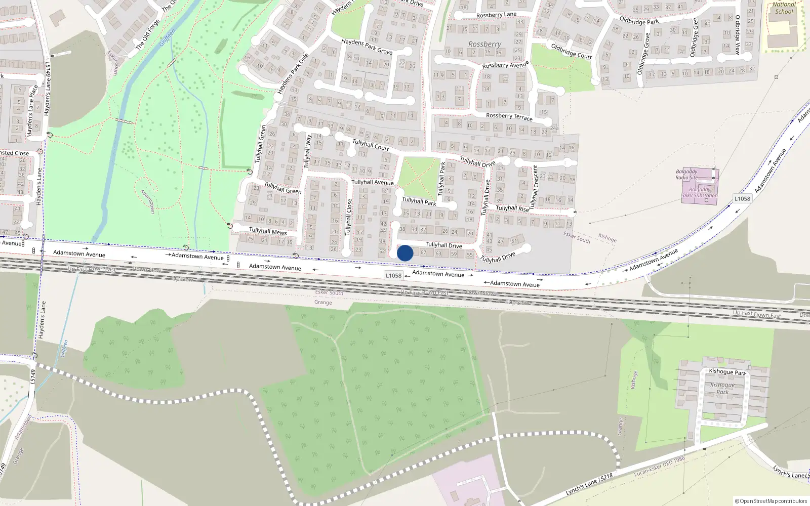 Overhead map showing the location of 75 Tullyhall Drive, Lucan