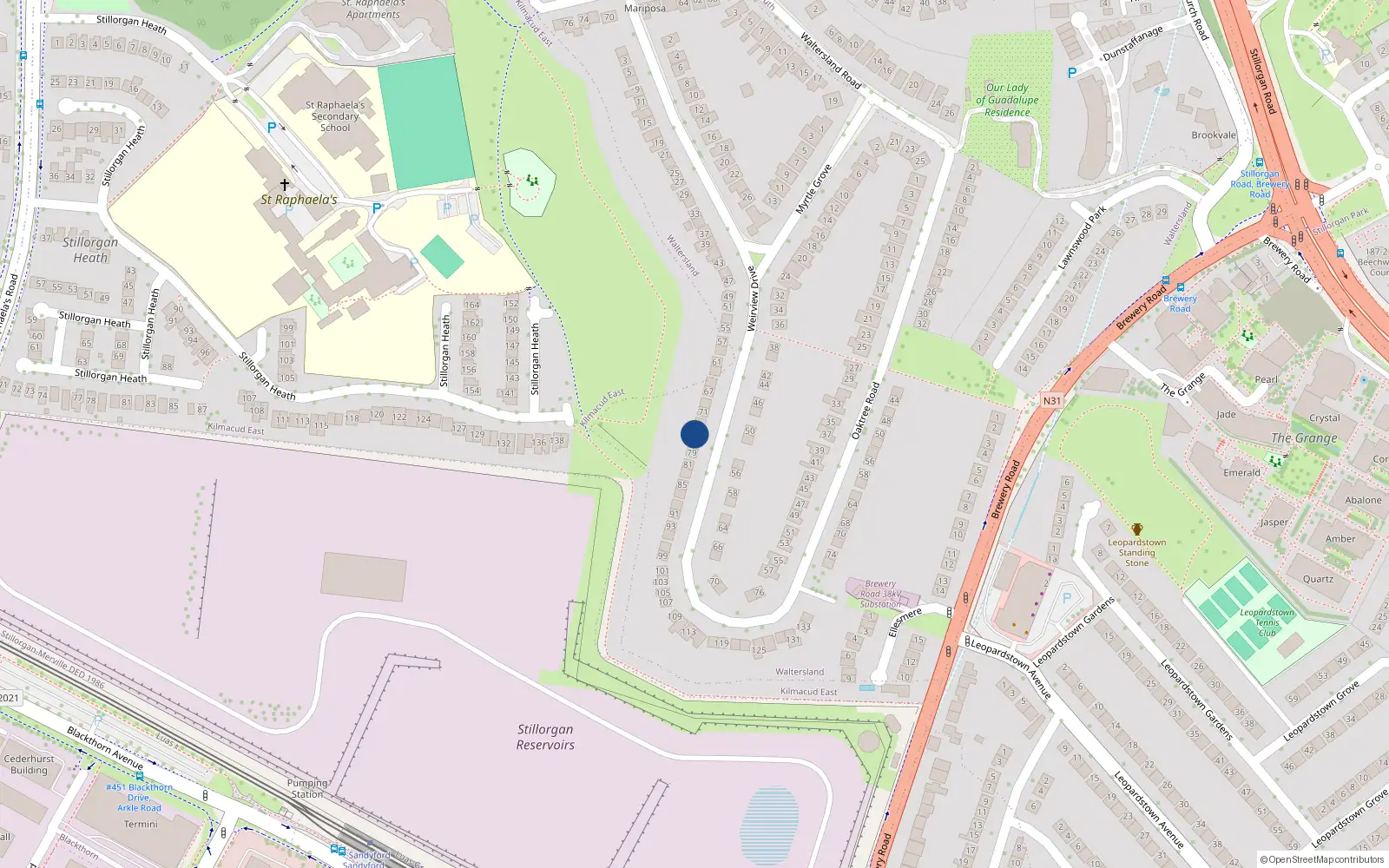 Overhead map showing the location of 75 Weirview Drive, Stillorgan, Dublin