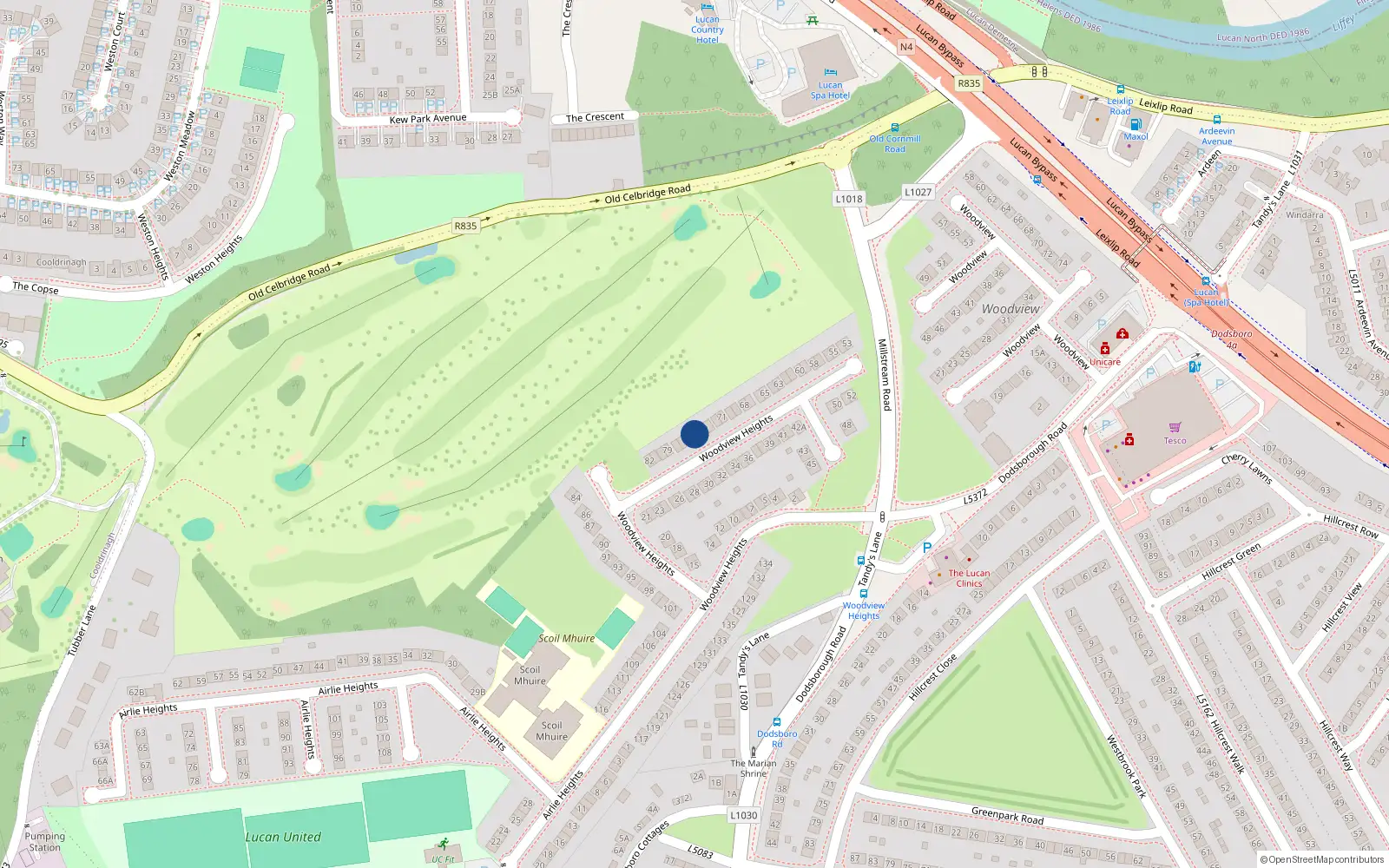 Overhead map showing the location of 75 Woodview Heights, Lucan, Dublin